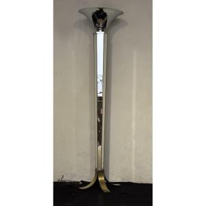 Floor Lamp With Hexagonal Mirror Sheath, Chrome-plated Metal Basin And Solid Brass Base.