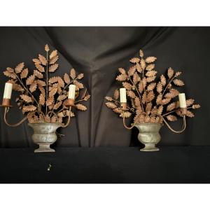 Pair Of Oak Leaf Wall Sconces, With Two Painted Metal Arms, 20th Century