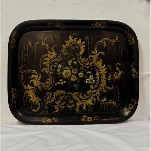 Large Tray In Painted Sheet Metal With Floral Decoration In A Scroll Of Foliage Napoléon III