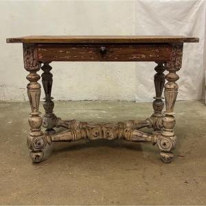 Louis XIV Style Painted Walnut Table Opening To A Drawer
