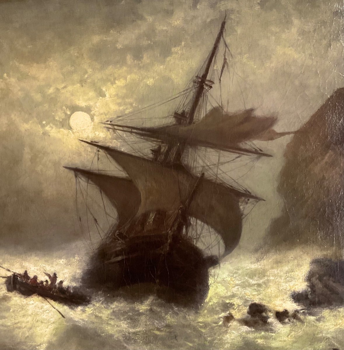Grand Tableau, Nocturne, Marine Avec Voilier En Tempête-photo-3