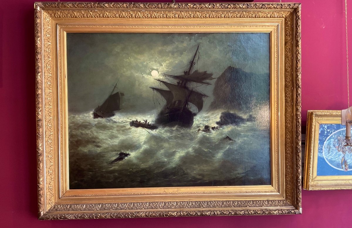 Grand Tableau, Nocturne, Marine Avec Voilier En Tempête