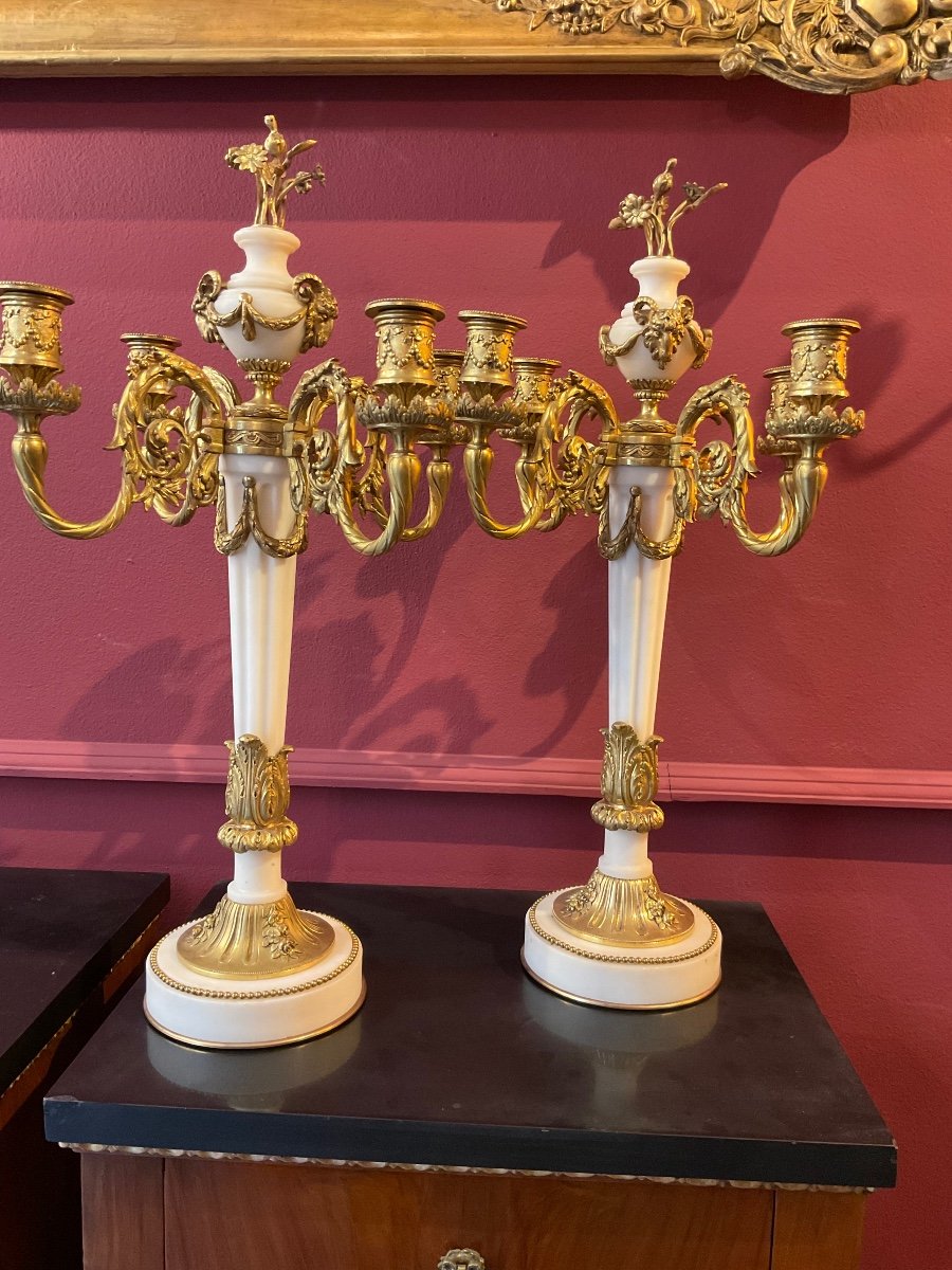Coppia di candelabri in marmo e bronzo dorato-photo-2