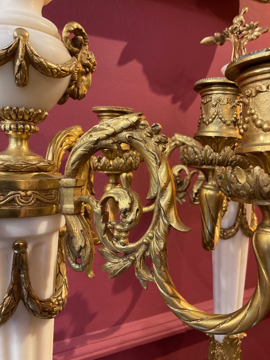 Coppia di candelabri in marmo e bronzo dorato-photo-3