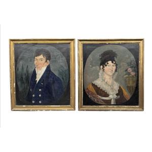 Pair Of Early 19th Century Portraits, Shabby Chic.