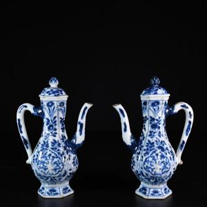 Pair Of Ewer With Molded Decor Of Lotus Flowers - China 18th Kangxi Period