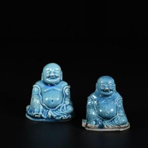 Two Turquoise Incense Holders Representing Budai - China 18th Century Kangxi Period