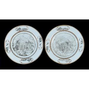 Pair Of Plates With Grisaille Decoration Of Aurora On Her Chariot - China 18th Qianlong Period
