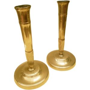 Pair Of Candlesticks 18th Gilt Bronze Directoire Period