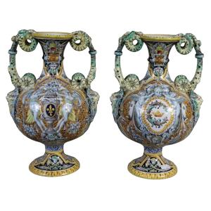 Blois  Josaphat Tortat (1843 - 1915) Pair Of Baluster Vases In Polychrome Enameled Earthenware 