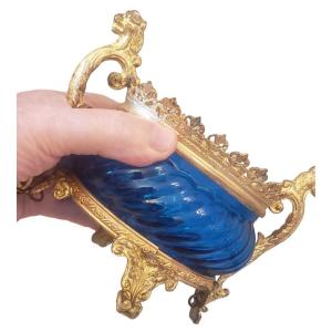 Old Empty Blue Glass Pocket Cote De Melons Bronze Frame 