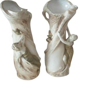 Royal Dux Bohemia. Pair Of Beige And Green Mesh Ceramic Vases 