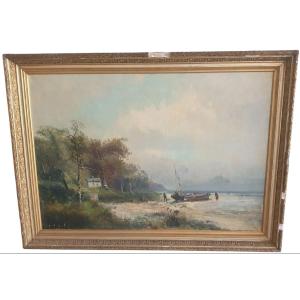 Huge Oil On Canvas, Seaside, Probably Normandy 