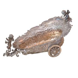 19th Century Solid Silver Table Ornament Depicting 2 Puttis In A Basket 