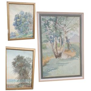 3 Watercolors Under Glass Signed Parmentier, One Of Which Is Unsigned