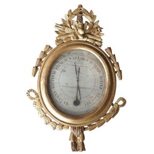 Louis XVI Period Barometer Thermometer Gilded Wood Birds And Quiver 