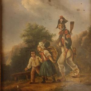 Oil On Canvas 2 Children And Wounded Empire Soldier Signed 