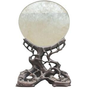 Chinese Japanese Mirror With Blackened Wooden Base Decorated With Plants, 19th Century