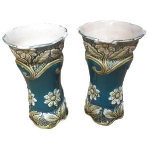 Pair Of Gustave De Bruyn Barbotine Vases