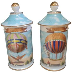 Pair  Porcelain Pots Depicting A Hot Air Balloon Ascension By J. Siquier