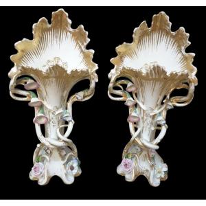 Pair Of Paris Porcelain Vases, Gilded And Polychrome, 19th Century, 32 Cm
