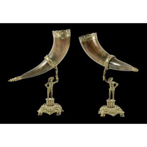 Pair Of Horns Of Plenty In Natural Horn Mounted In Gilded Bronze, 19th Century 