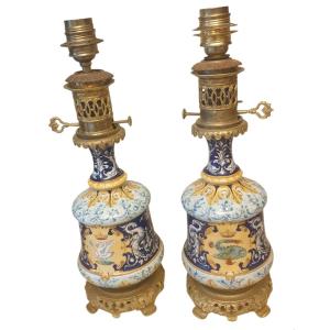Pair Of 19th Century Blois Earthenware Lamps, Electrified