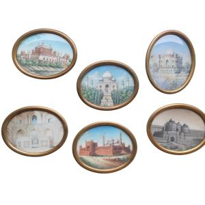 6 Miniature Oval Paintings Of The Taj Mahal India 19th Century 