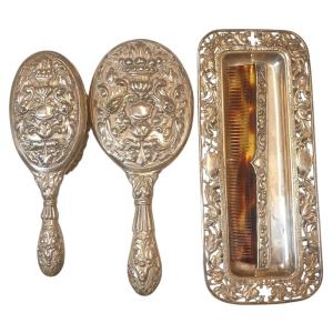 Silver Metal Toiletry Set With Comb, Tray, Brush And Mirror