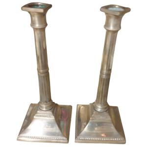 Pair Of Silver-plated Metal Candlesticks In The Neoclassical English Style 