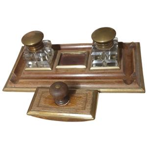 Wooden And Crystal Desk Inkwell, Stamped Jm Paillard Model 