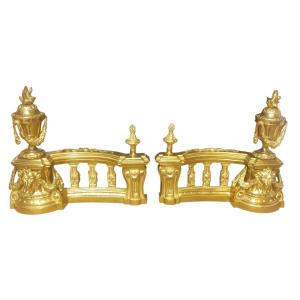 Fire Iron Andirons In Gilt Bronze With Lion Heads, 19th Century 