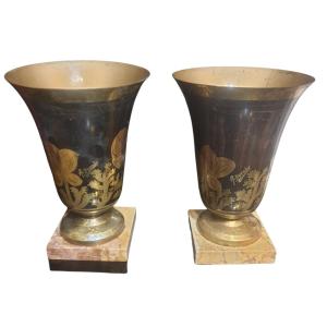 Pair Of Art Deco Period Brassware Vases Signed Ducobu