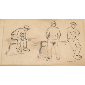 Henri Barnoin Drawing 3 Godfathers On A Quay