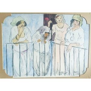 Gustave Lino, Orientalist, Watercolor & Gouache, Prostitute On A Balcony