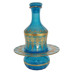 Opaline Charles X Tray And Its Decanter In Blue Baccarat Crystal With Gold Trim