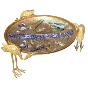 Alphonse Giroux Bronze Cup With Golden Patina And Enamels Chamlevévé Polychrome