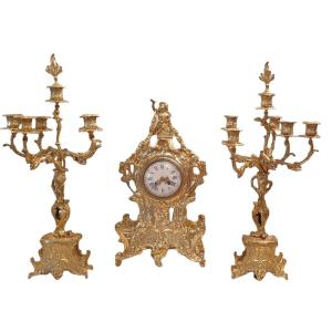 Louis XV Style Gilt Bronze Mantel Clock And Candelabra Set, 19th Century 