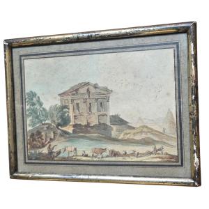 Angelo Uggeri Watercolor, Italian School, Temple, Figures, Animals