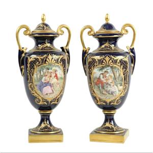 Pair Of Covered Vases In Blue Sèvres Porcelain From Paris