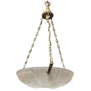 Art Deco Chandelier-style Ceiling Light In Molded Glass With A Bronze Frame 