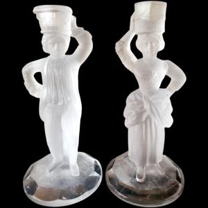 Holyrood Glassworks Pair Of Peasant Figures In Frosted Crystal Circa 1870