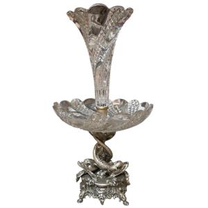 Baccarat Important Centerpiece With Dolphins In Molded Crystal And Bronze