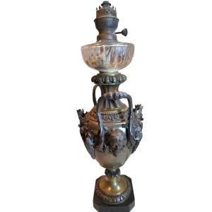 Huge Bronze And Marble Oil Lamp With Barbedienne Medal Patina, 19th Century 
