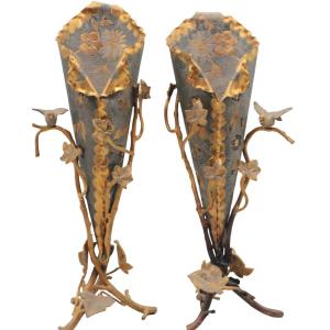 Pair Of Art Nouveau Gilded And Silver Trumpet-shaped Vases With Birds 