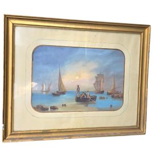 Gouache By Giuseppe Delpino, Italian School, 19th Century, View Of Fishing Boats Offshore
