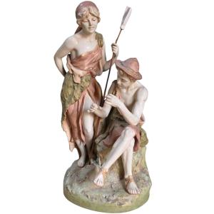 Royal Dux Polychrome Porcelain Group Depicting A Shepherd Couple 