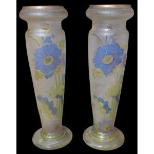 Pair Of Montjoye Vases Decorated With Blue Aster Flowers And Poppies 