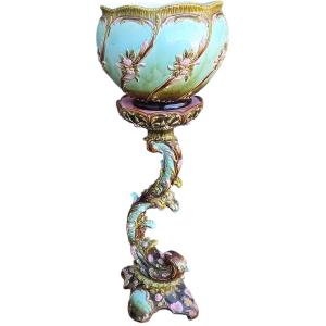 Art Nouveau Polychrome Ceramic Stand And Pot, Circa 1900