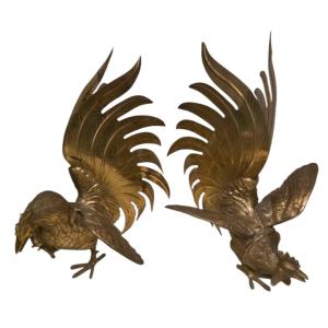 Battle Cock Pair In Gilded Bronze And Brass Circa 1960